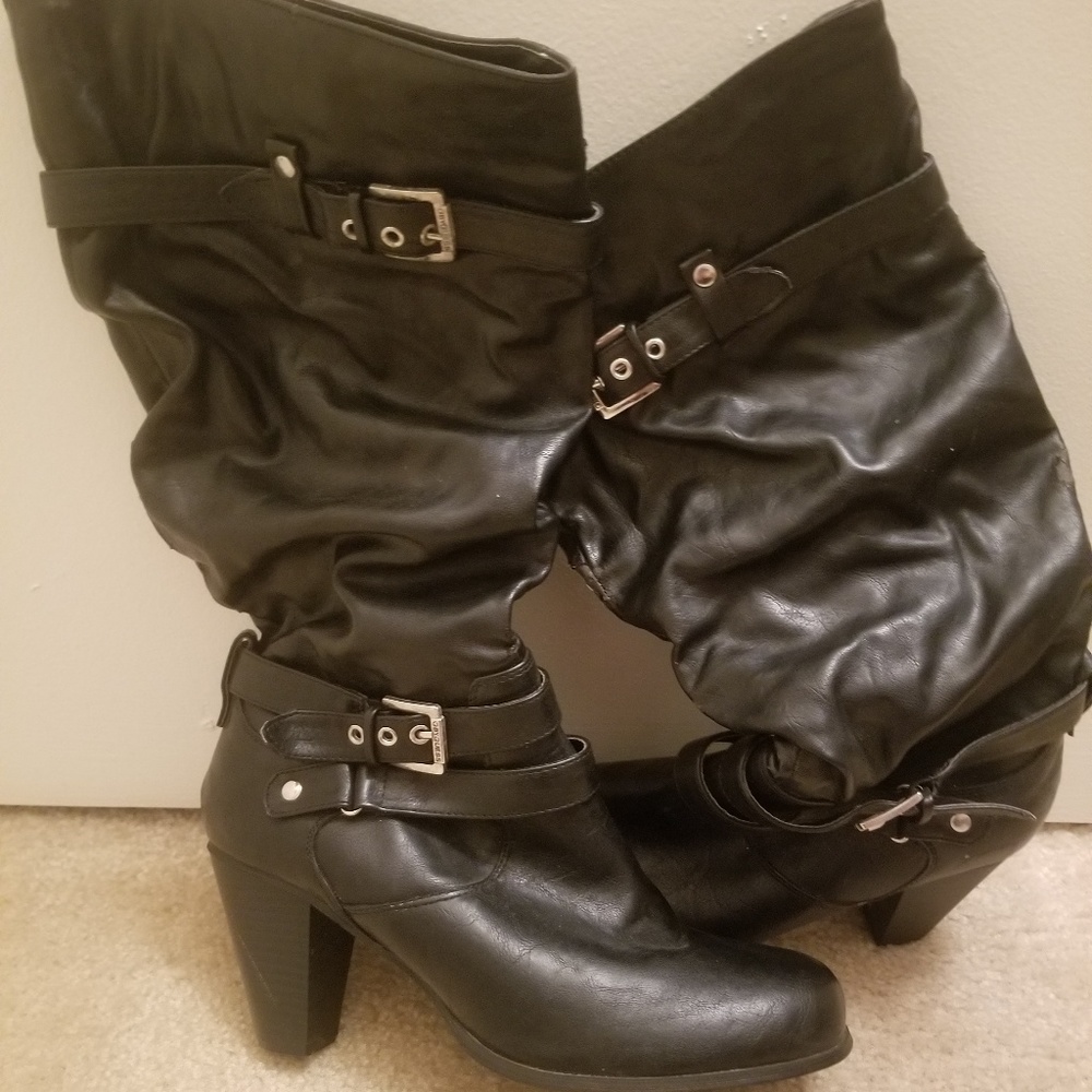 Black Faux Leather Boots with Buckles